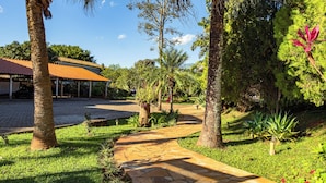 A paved pathway leading to a building with a tiled roof, surrounded by lush greenery and palm trees. - Pousada da Sirlei (Tiradentes)