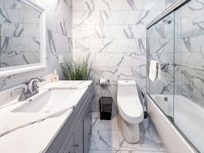 Hair dryer, towels, toilet paper