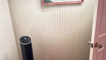 A room with a wooden floor, a white door, a framed painting of a landscape, and a black object on the floor.
