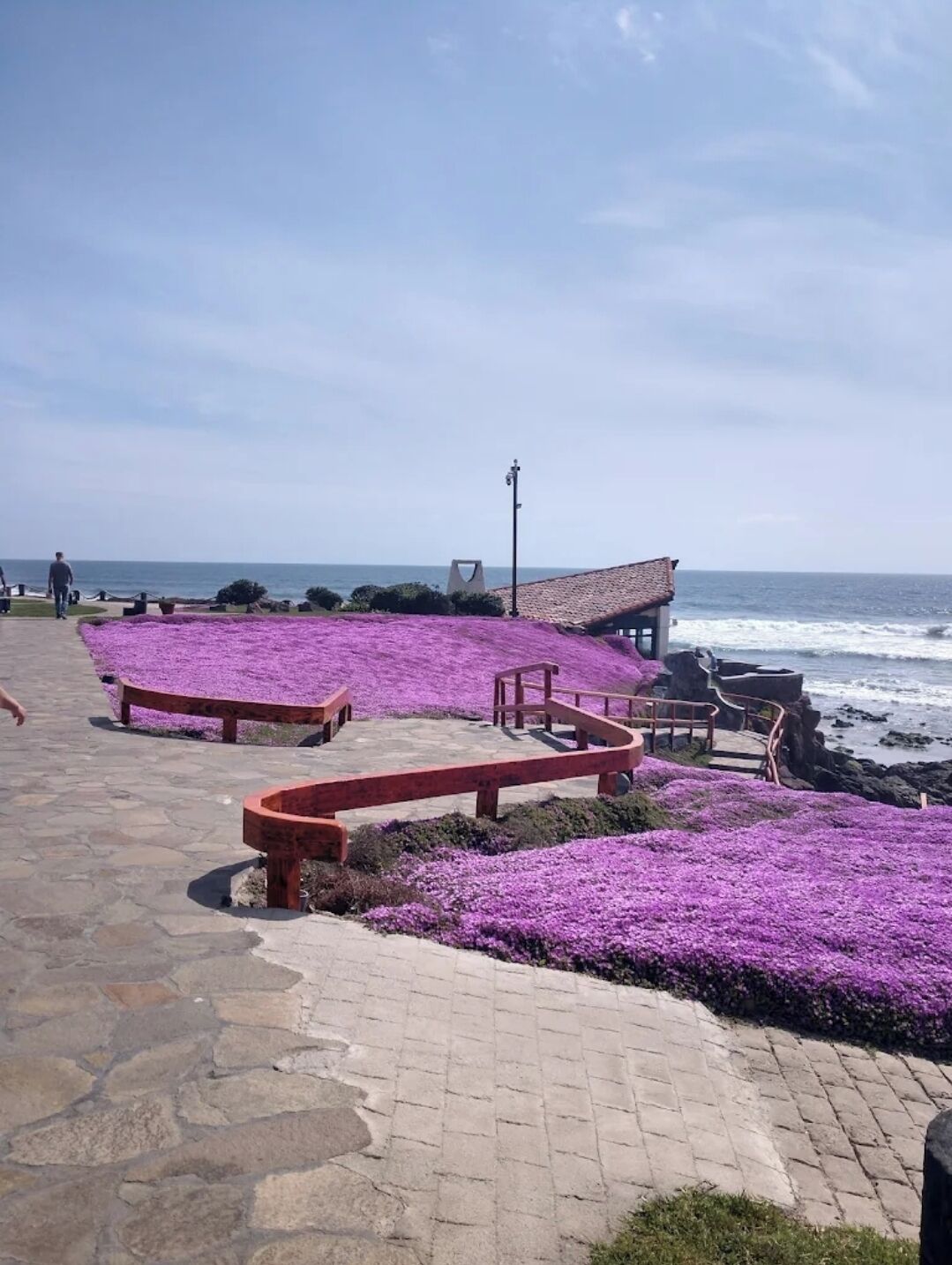 A coastal walkway with benches and a view of the ocean.