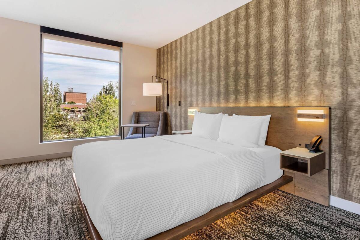 Une chambre d’hôtel avec un grand lit, une table de chevet, une chaise et une fenêtre donnant sur des immeubles et des arbres.