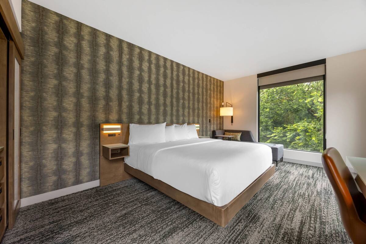 Une chambre d’hôtel avec un grand lit, une table de chevet, un bureau et une fenêtre donnant sur un paysage verdoyant.