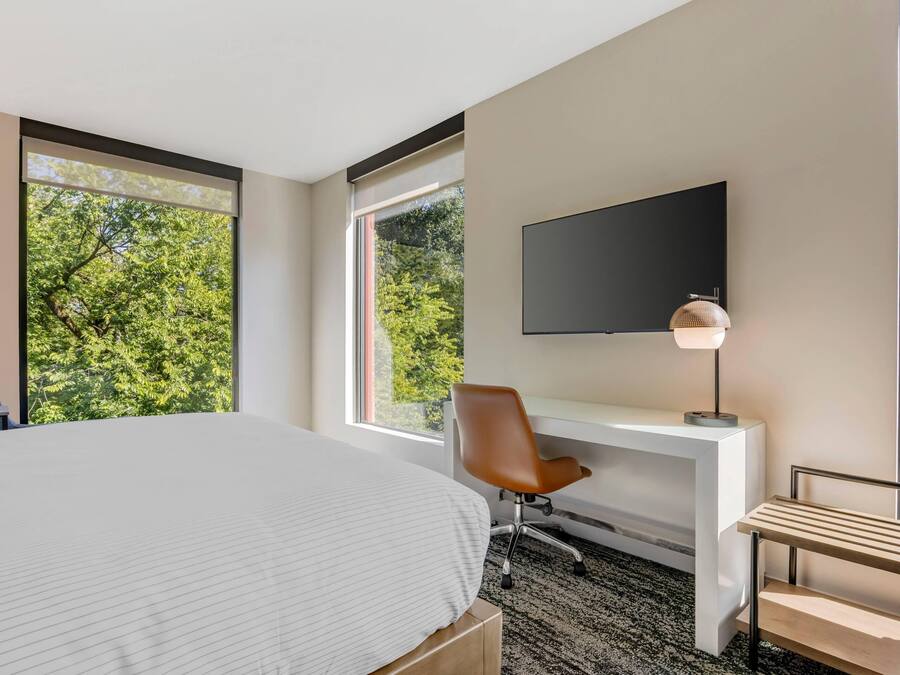 A modern hotel room with a large bed, a desk with a chair, a TV mounted on the wall, and large windows offering a view of trees.