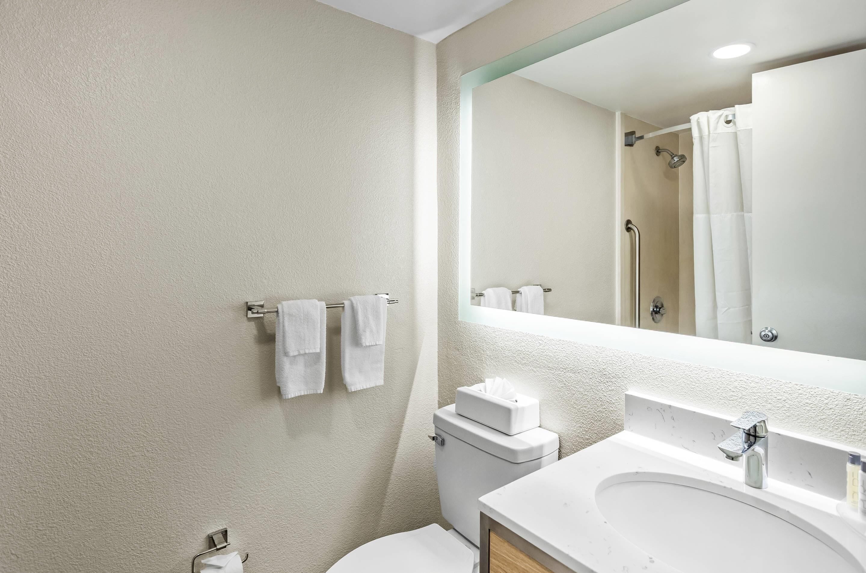 A modern bathroom with a white sink, a toilet, and a large mirror.