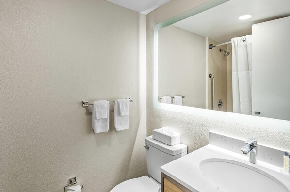 A modern bathroom with a white sink, a toilet, and a large mirror. - Suburban Studios Charleston - Civic Center (Charleston)