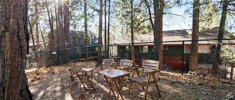 A rustic outdoor seating area with wooden tables and chairs, surrounded by tall pine trees and a fenced area.