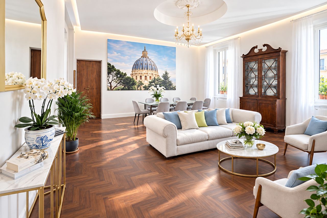 A spacious living room with a large sofa, a coffee table, and a dining area with chairs.