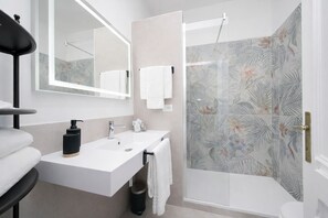 Shower, hair dryer, bidet, towels