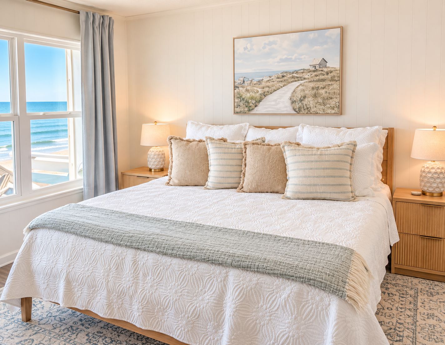 A bedroom with a large bed, two bedside tables, a painting, and a view of the beach.