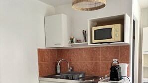 A compact living space with a kitchenette, a blue sofa, a coffee machine, and a wicker pendant light. - Studio on the banks of the Seine (Rueil-Malmaison)