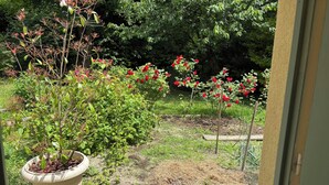 A garden with a variety of plants and flowers, including a large potted plant and several small trees with red flowers. - Studio on the banks of the Seine (Rueil-Malmaison)