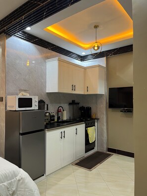 Een microgolfoven, een oven, een kookplaat, een vaatwasser