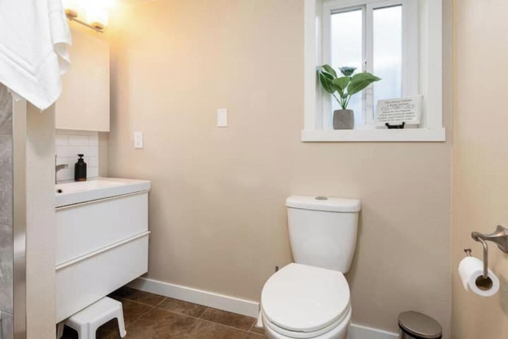 Un baño con inodoro blanco, un lavamanos con espejo, un taburete pequeño, una ventana con una planta y un bote de basura.