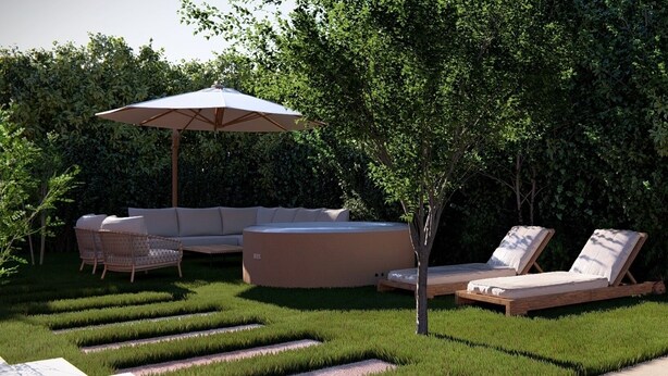 A modern outdoor seating area with a sofa, lounge chairs, and a large umbrella. - Luna Serene Garden House | Jacuzzi (Zadar)
