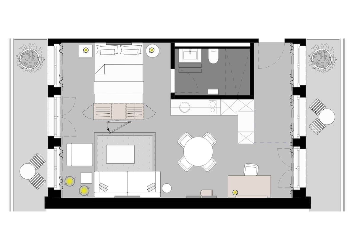 Penthouse Studio | Sengetøy av topp kvalitet, blendingsgardiner og lydisolert