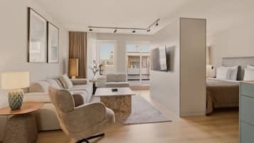 Penthouse Studio | Wohnbereich | 55-Zoll-Smart-TV mit Digitalempfang, Fernseher, Netflix