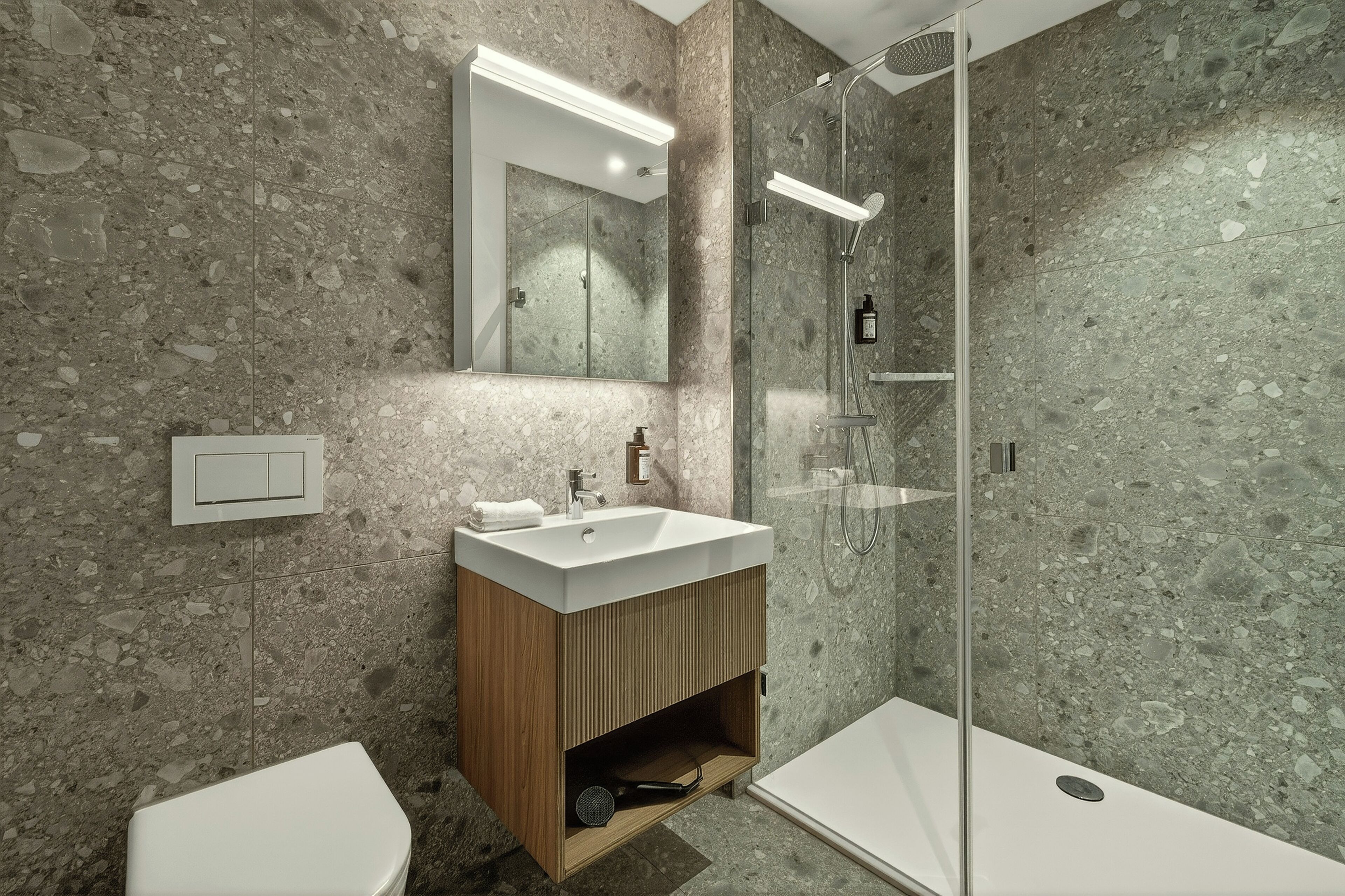 Een moderne badkamer met een douche op standaard, een wastafel met houten kastje, en een toilet.