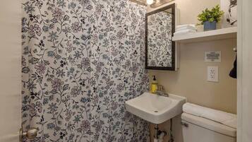 Shower, hair dryer, towels, shampoo