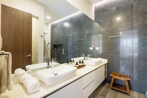 Dusche, Haartrockner, Handtücher, Seife