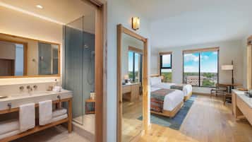 Premium-rum - 2 queensize-sängar - hörn | Sängtillbehör av högsta kvalitet och minibar