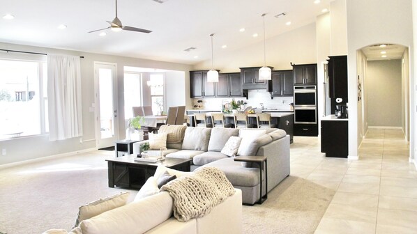 Smart TV, fireplace, foosball, stereo