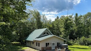 A single-story house with a green roof, a patio with outdoor furniture, and a small shed.