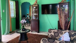A living room with green walls, a sofa, a coffee table, a cabinet, and a television. - Jude Apartments - 3-bedroom apartment with AC in  Soufrière (Soufrière)