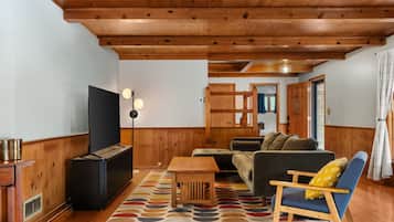 A cozy living room with a wooden ceiling, a television, a sofa, a chair, and a patterned rug.
