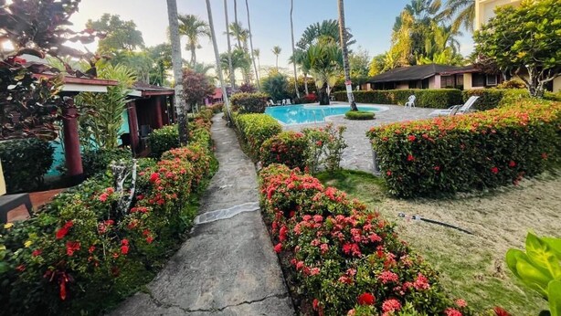 A pathway leading to a pool area surrounded by lush greenery and palm trees. - hotel palococo (Las Terrenas)