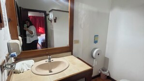A bathroom with a wooden vanity, a sink, a mirror, a toilet, and a shower area. - hotel palococo (Las Terrenas)