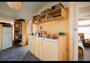 Fridge, oven, stovetop, electric kettle