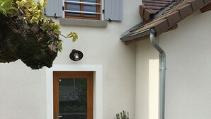 A house with a white exterior, a wooden door with a glass panel, a small potted plant, and a visible gutter.