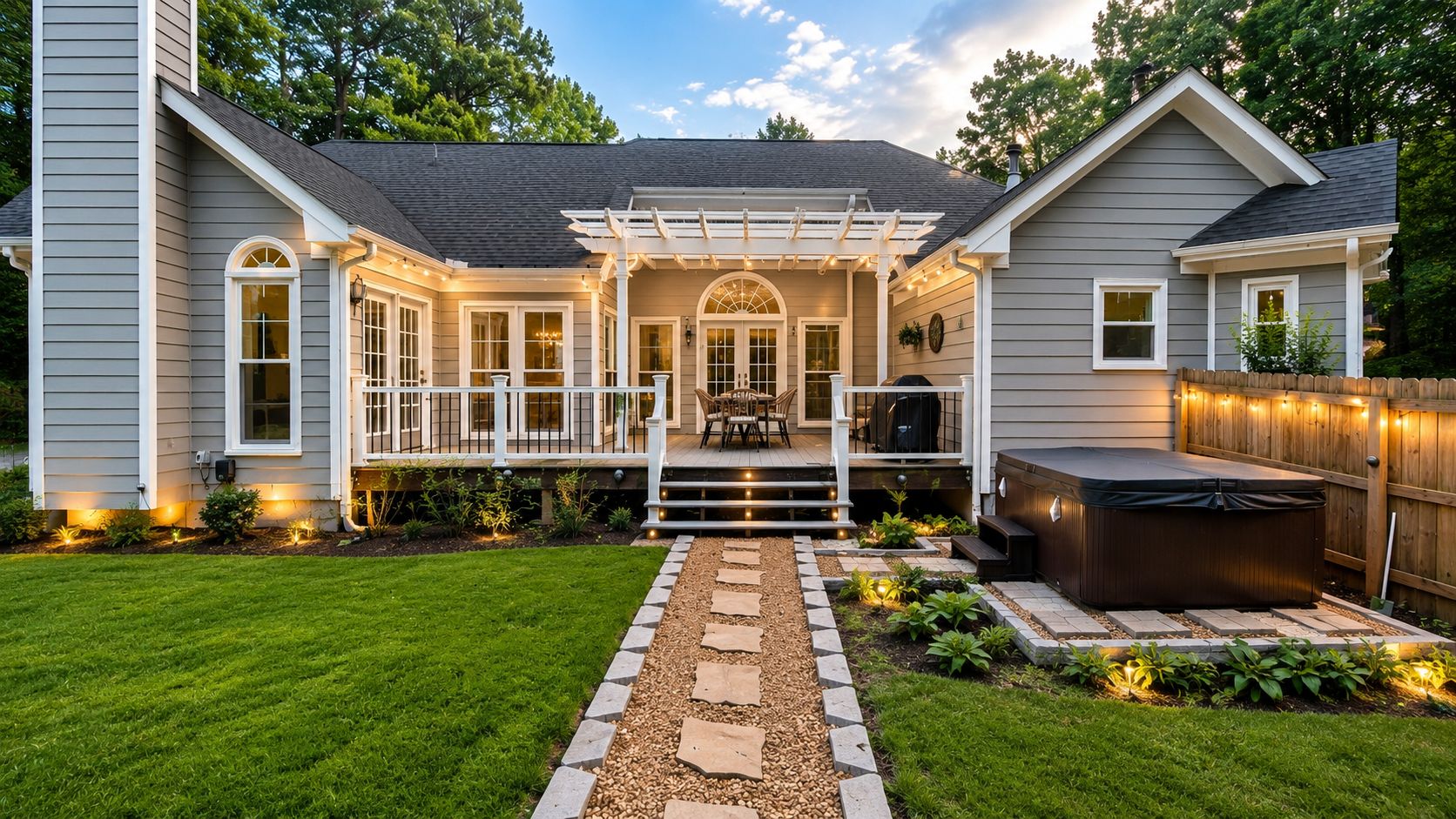 A residential property with a covered patio, outdoor seating, and a hot tub.