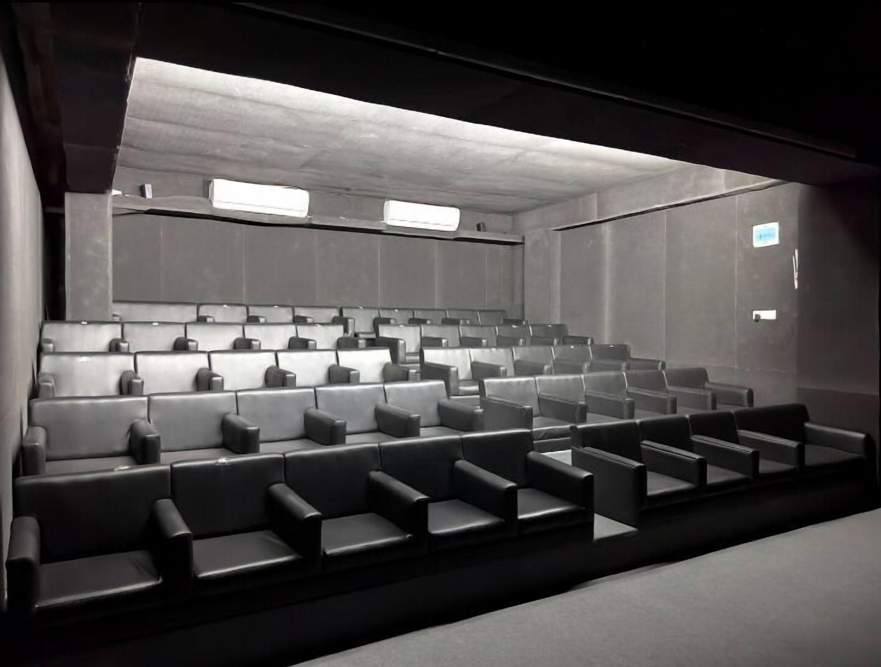 Un cine moderno con hileras de asientos de cuero negro, una pantalla grande y un diseño minimalista.