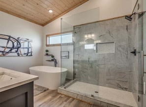 Hair dryer, towels, soap, toilet paper
