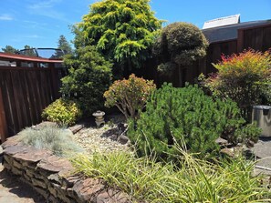 Ein Garten mit verschiedenen Pflanzen und einer Steinmauer.