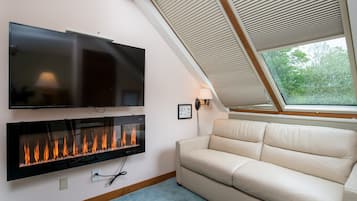 TV, fireplace, DVD player, music library