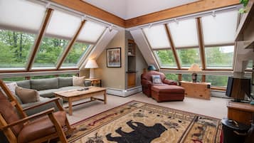 TV, fireplace, DVD player, music library