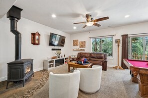 Smart TV, chimenea, libros