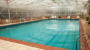 An indoor swimming pool with a clear glass ceiling, surrounded by lounge chairs and tables. - Gran Hotel Tomaso Di Savoia (La Falda)