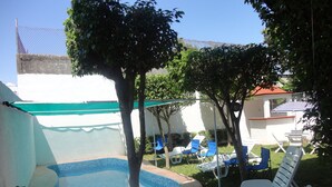 A backyard with a swimming pool, lounge chairs, and a covered area. - Paakal's Hostel (Chetumal)