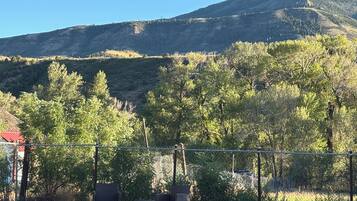 A fenced outdoor area with a table and chairs, surrounded by trees and a mountain in the background.
