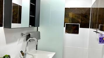 Shower, hair dryer, bidet, towels