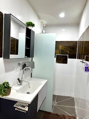 Een douche, een haardroger, een bidet, handdoeken