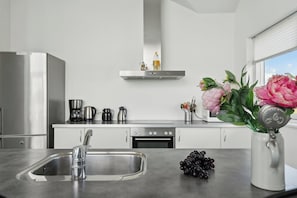 Une cuisine moderne équipée d’appareils électroménagers en acier inoxydable, d’un évier et d’un vase rempli de fleurs posé sur le plan de travail.