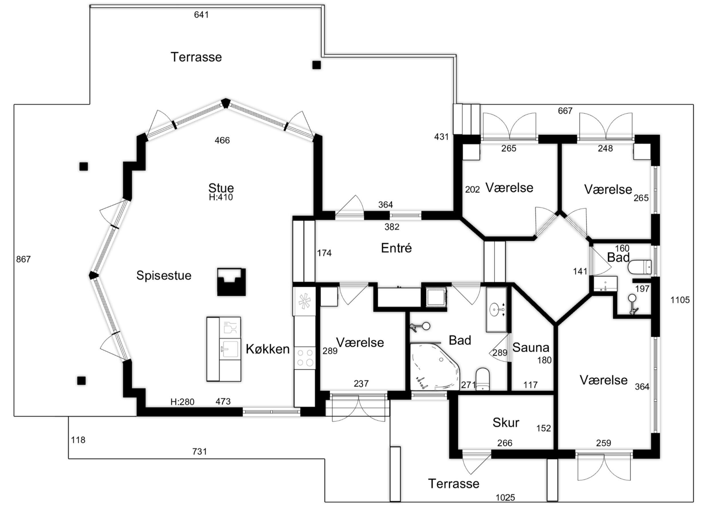 A hotel floor plan with multiple ensuite bathrooms, a kitchen, a dining area, and a terrace.