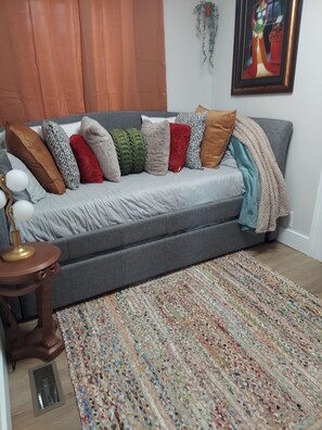 Smart TV, fireplace, books