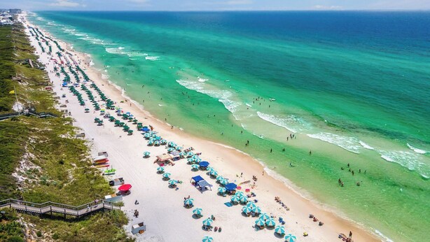 Vista aérea de una playa con hileras de sombrillas y sillas, un paseo marítimo y el océano.