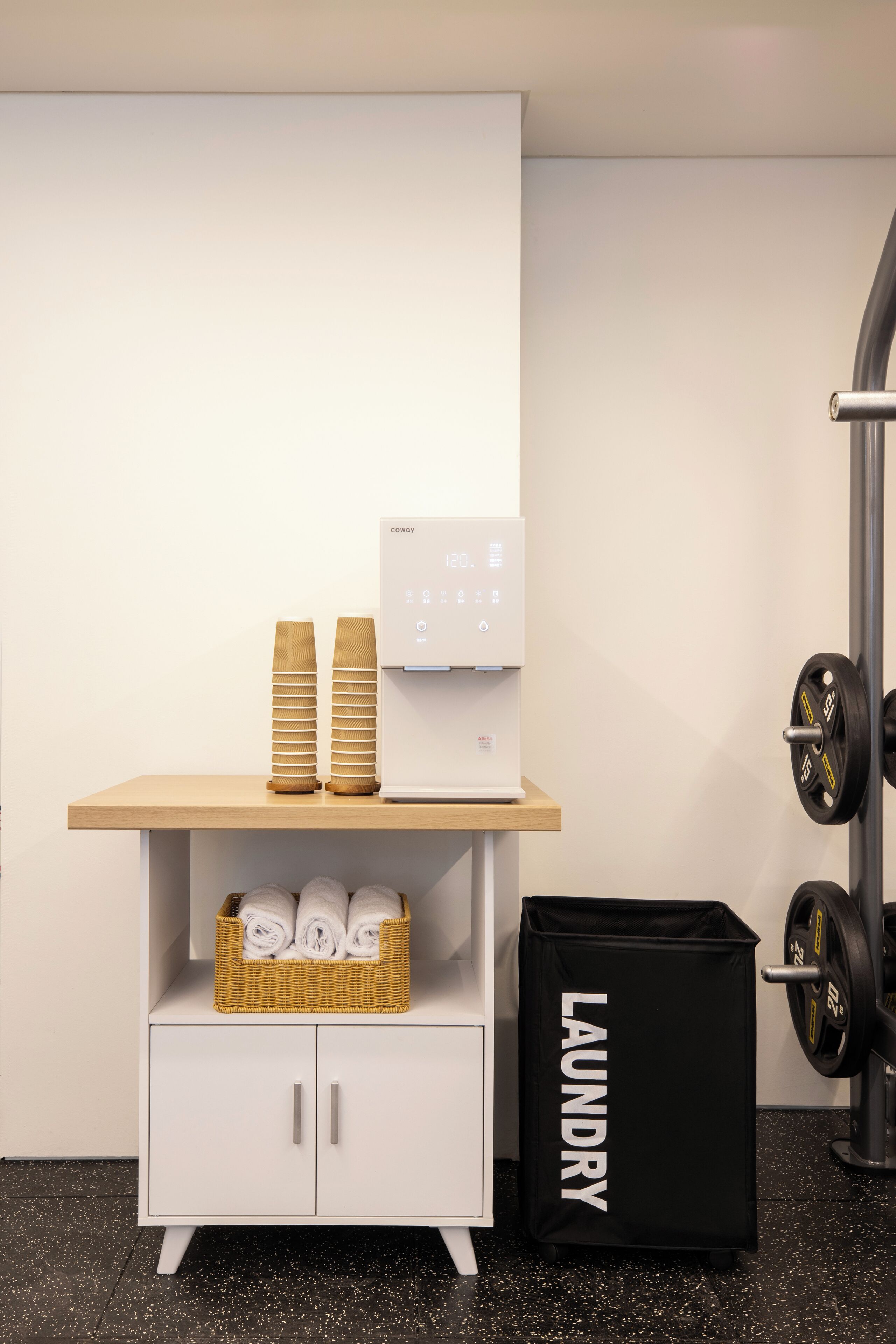 Zona de gimnasio con un armario blanco, una bolsa de lavandería y un dispositivo fijado a la pared.