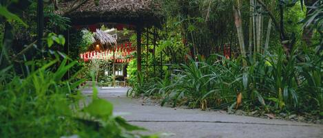 A pathway leading to a thatched-roof structure surrounded by lush greenery.